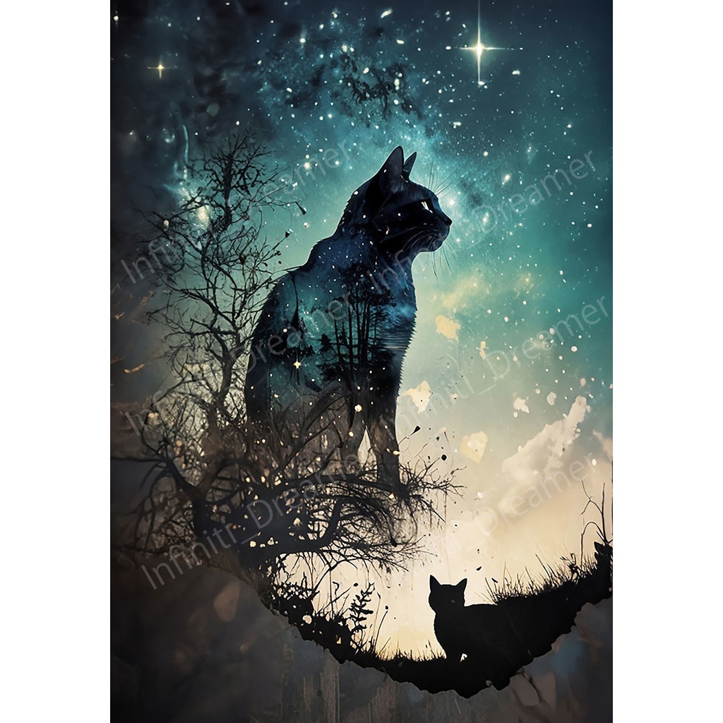 自然と融合した黒猫と夜空の神秘的なスピリチュアル 宇宙 イラストアート（デジタルコンテンツ ダウンロード販売）