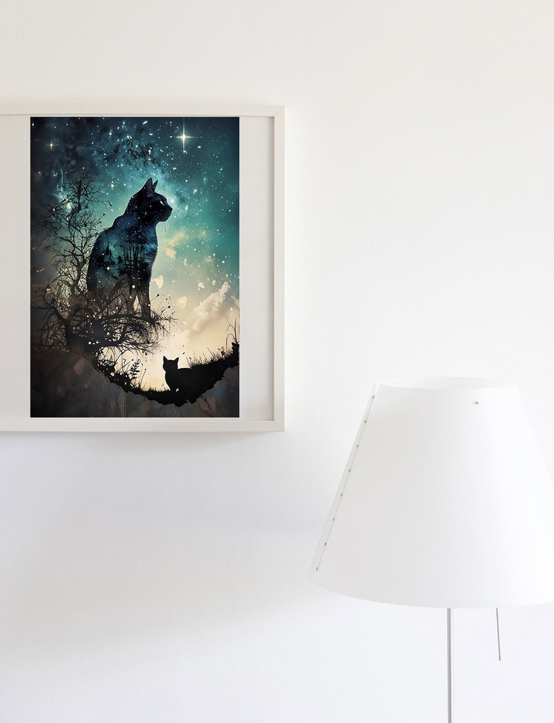 自然と融合した黒猫と夜空の神秘的なスピリチュアル 宇宙 イラストアート(デジタルコンテンツ ダウンロード販売)