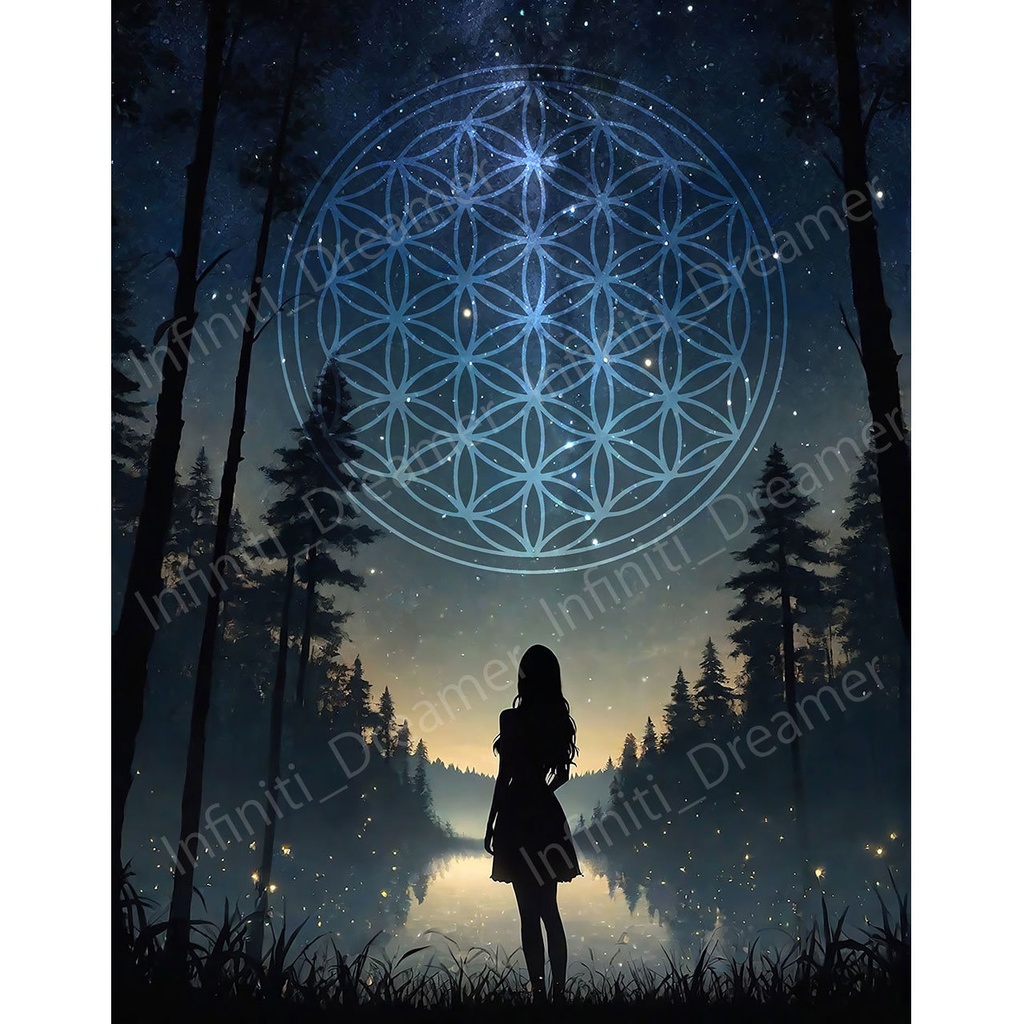 夜空に浮かぶ フラワーオブライフと女性 神聖幾何学 お守り スピリチュアル アート（デジタルコンテンツ ダウンロード販売）