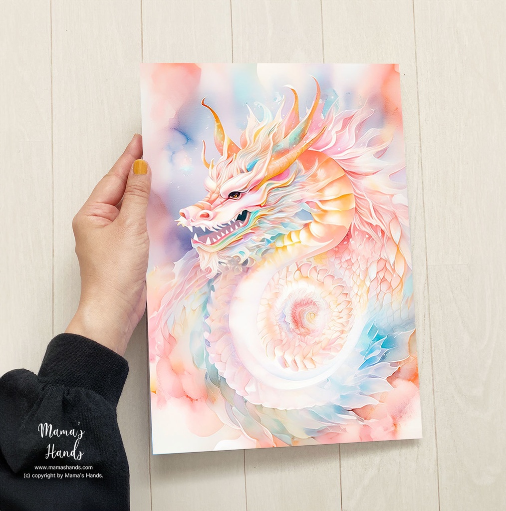 A4 ポスター 優しい表情の  龍 龍神 桃龍 パステル ピンク 水彩画 イラスト アート