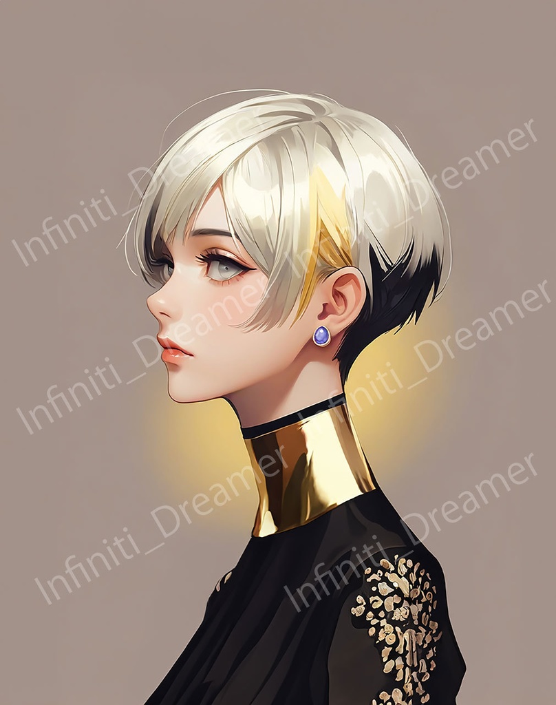 ショートヘアの女性  バイカラー  ゴールド x 黒 イラストアート SNSアイコン（デジタルコンテンツ ダウンロード販売）