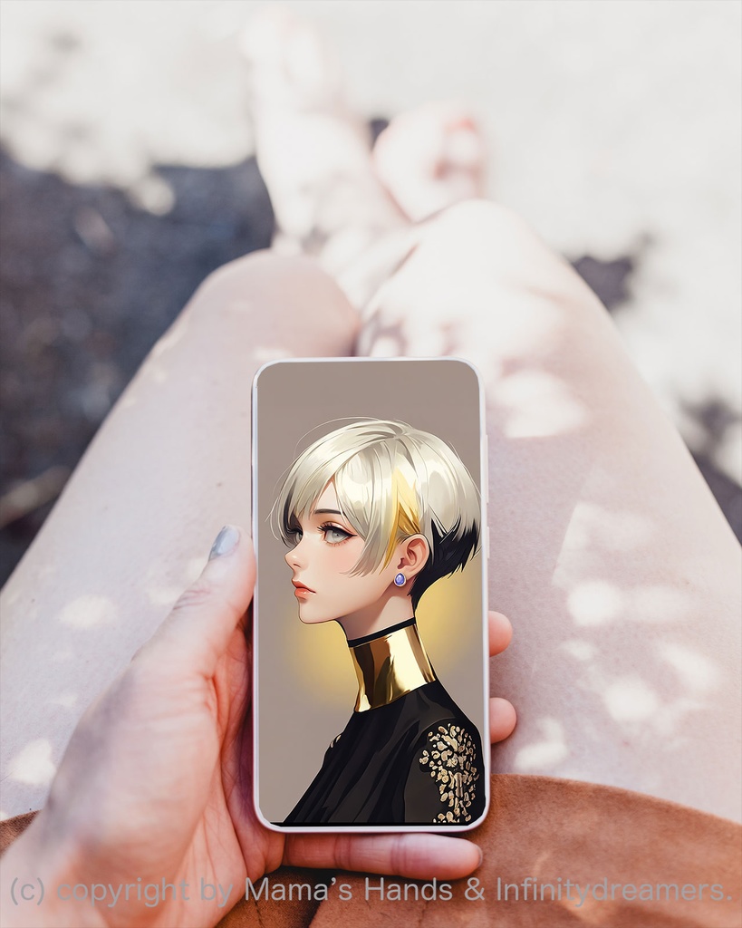 ショートヘアの女性 バイカラー ゴールド x 黒 イラストアート SNSアイコン(デジタルコンテンツ ダウンロード販売)