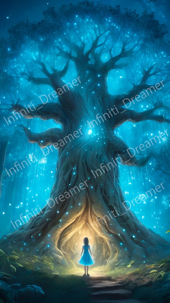 不思議な木と少女 夜の森の イラスト アート スマホ 壁紙 (デジタルコンテンツ ダウンロード販売)