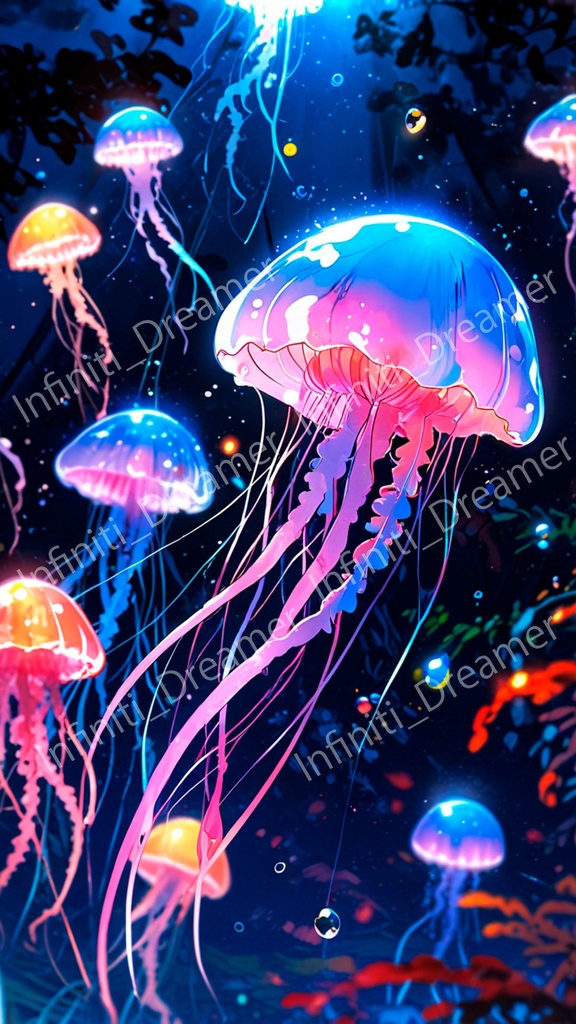 深海にきらめくカラフルで鮮やかなクラゲの イラスト アート スマホ 壁紙 (デジタルコンテンツ ダウンロード販売)