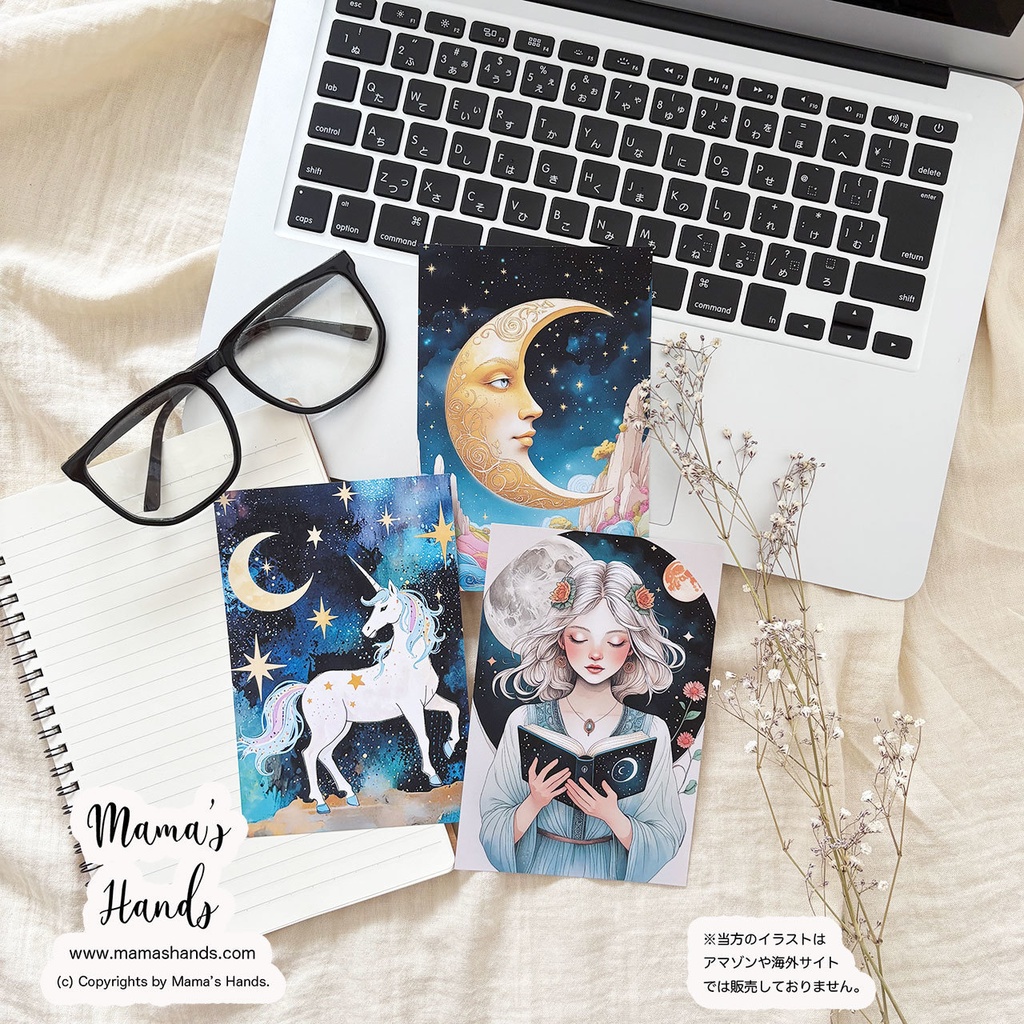 《タロットのような幻想世界》ムーンフェイス/ ユニコーン / 女性 ムーン オラクル ポストカード 3枚 ハガキ セット