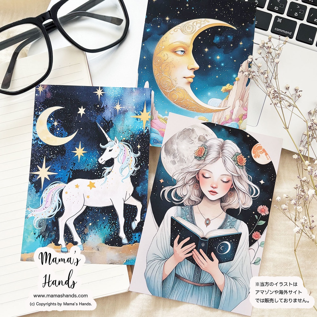 《タロットのような幻想世界》ムーンフェイス/ ユニコーン / 女性 ムーン オラクル ポストカード 3枚 ハガキ セット