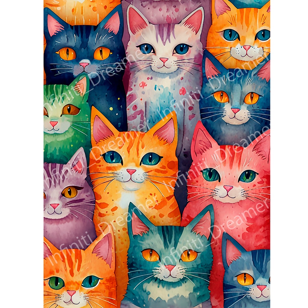 🌈 虹のそばに住む猫たちの水彩画風イラスト  (デジタルコンテンツ ダウンロード販売）