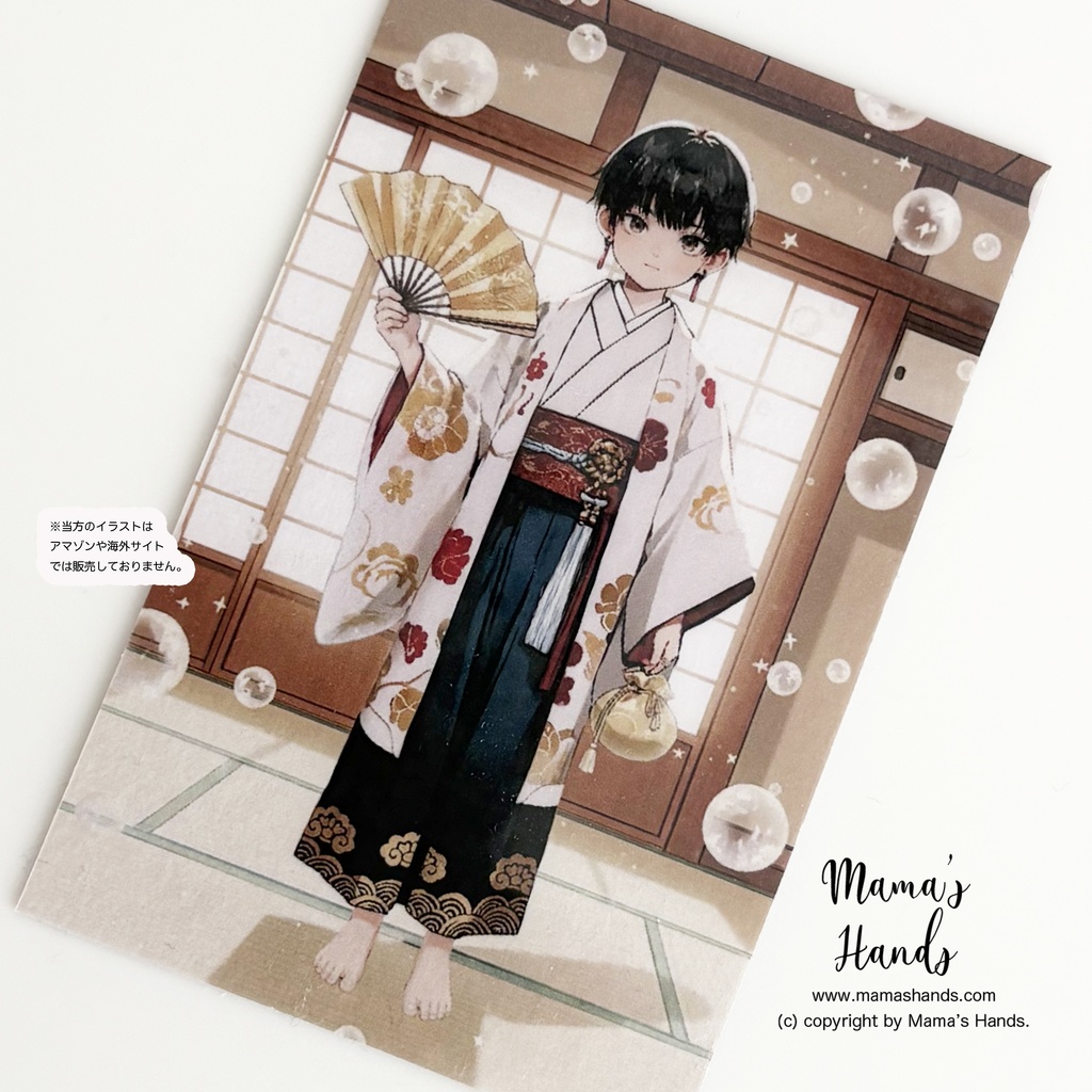 《座敷童子》☘️男の子 黄金 扇子 巾着袋 着物 お財布やスマホに入る 神秘的 スピリチュアル 開運 お守り イラスト アート カード プラスチック製