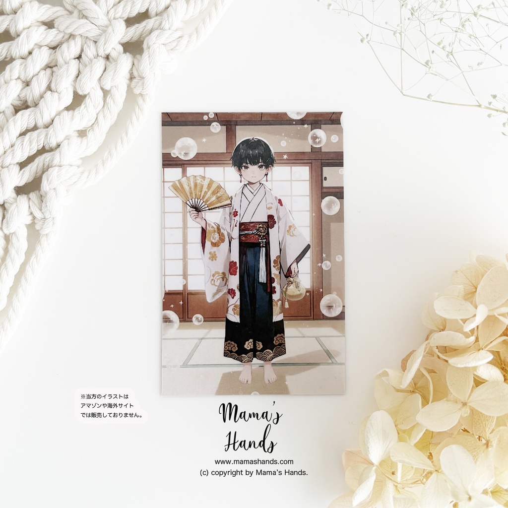 《座敷童子》☘️男の子 黄金 扇子 巾着袋 着物 お財布やスマホに入る 神秘的 スピリチュアル 開運 お守り イラスト アート カード プラスチック製