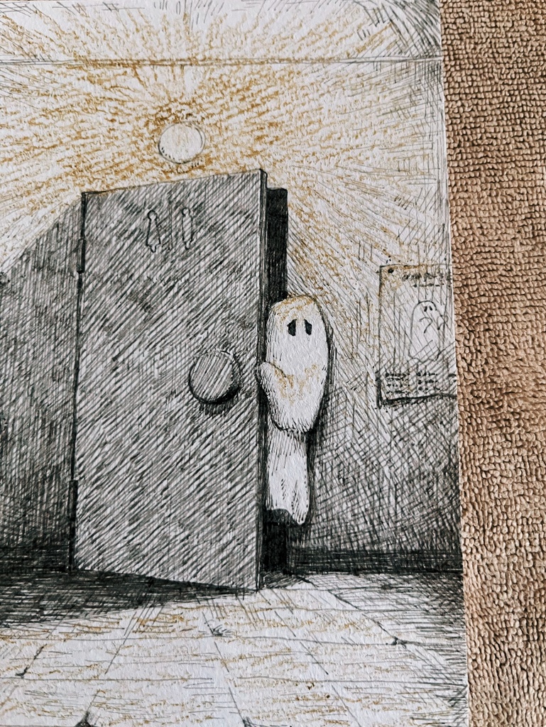 喫茶店のお手洗いから出る時、人間を怖がらせないよう慎重に出てくるおばけ