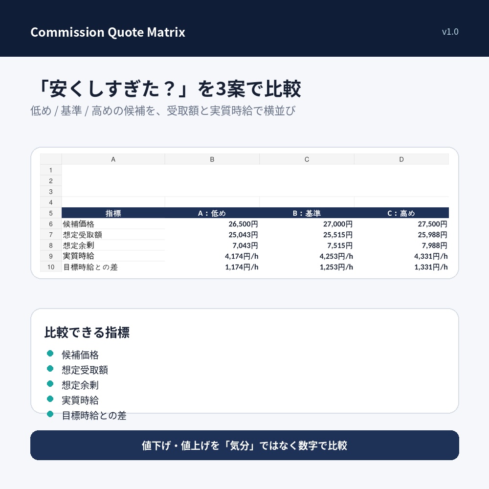 Commission Quote Matrix|クリエイター向け 見積・工数・実質時給シミュレーター【Excel】