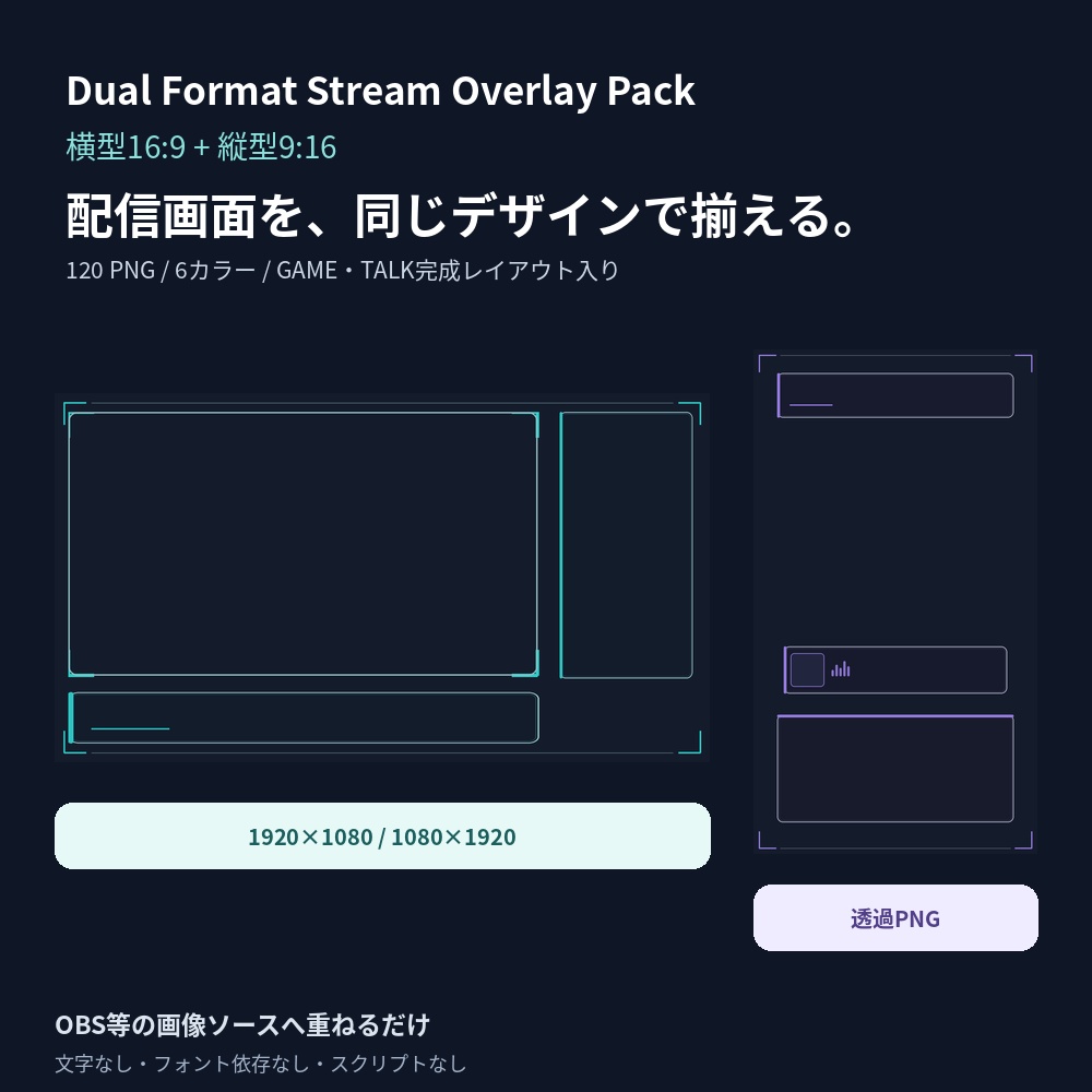 Dual Format Stream Overlay Pack｜横型16:9・縦型9:16 配信フレーム素材120点【透過PNG】