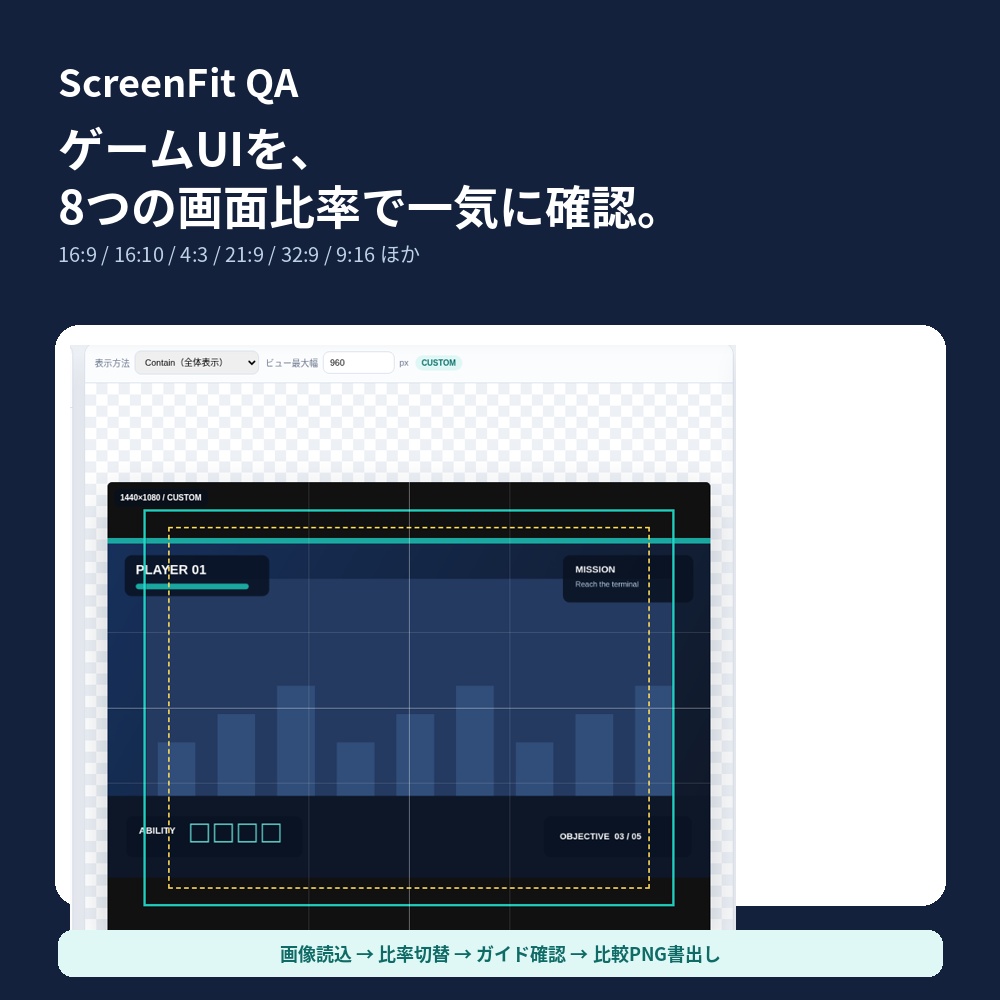 ScreenFit QA|ゲームUI・アスペクト比確認ツール【16:9/21:9/縦画面・オフラインHTML】