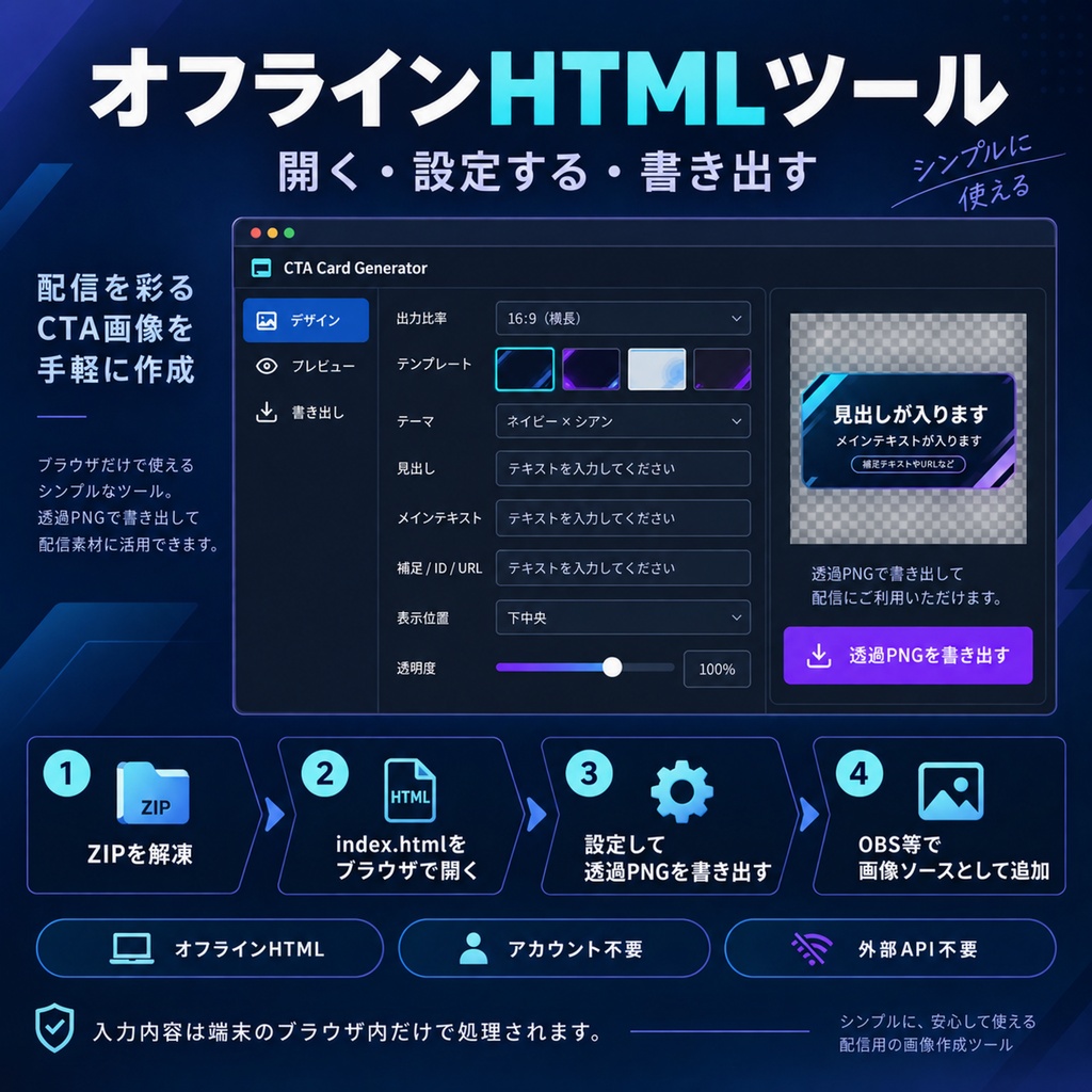 Stream CTA Card Generator|OBS配信用・縦横対応CTAカード作成ツール【透過PNG・オフラインHTML】