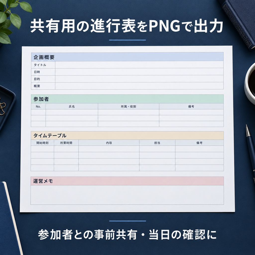コラボ配信 進行表メーカー|企画・参加者・タイムテーブルをPNGで共有【オフラインHTML】