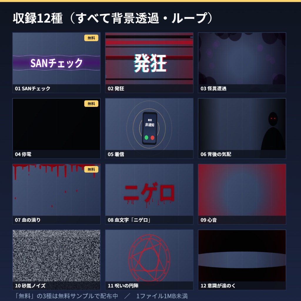 【無料サンプルあり】ココフォリア用 ホラー・怪異カットイン演出APNG 12種|SANチェック・発狂・停電・着信・血文字