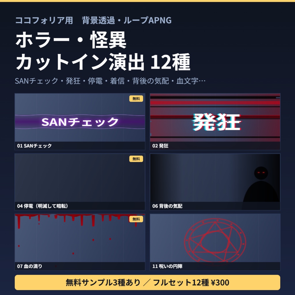 【無料サンプルあり】ココフォリア用 ホラー・怪異カットイン演出APNG 12種｜SANチェック・発狂・停電・着信・血文字