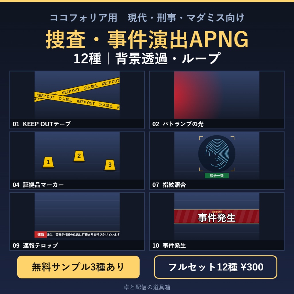 【無料サンプルあり】ココフォリア用 捜査・事件演出APNG 12種｜KEEP OUT・パトランプ・証拠品マーカー・速報テロップ