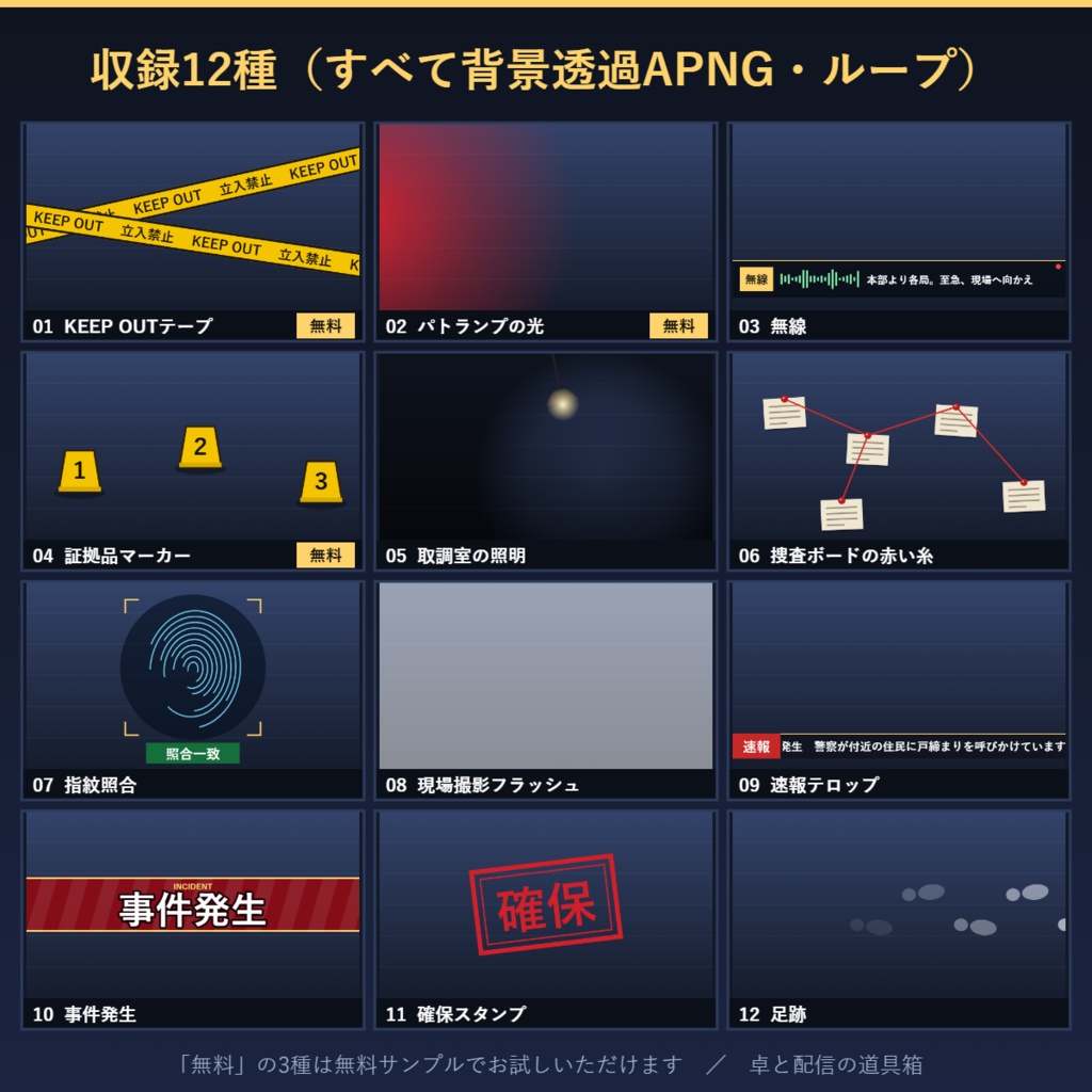 【無料サンプルあり】ココフォリア用 捜査・事件演出APNG 12種|KEEP OUT・パトランプ・証拠品マーカー・速報テロップ