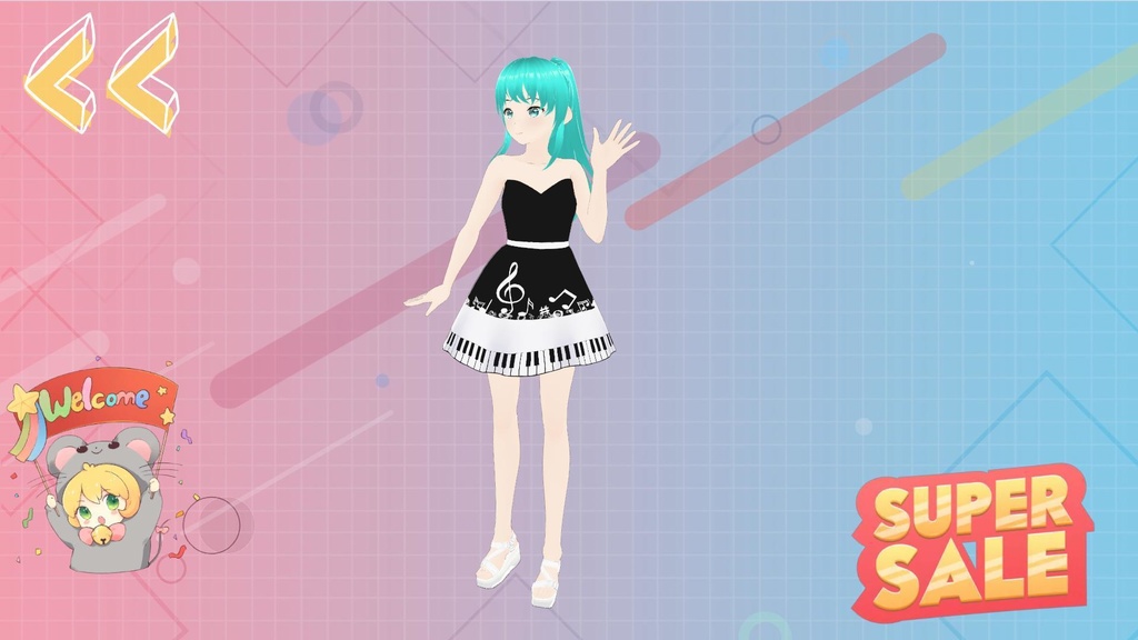 Vtuber Vroid Black and White Dress with Music Notes