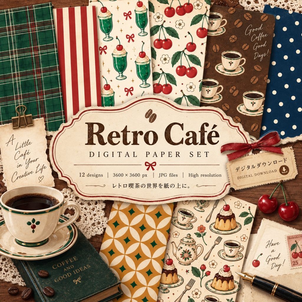 レトロ喫茶デジタルペーパー 10枚セット｜ヴィンテージ・クリームソーダ・さくらんぼ・チェック柄