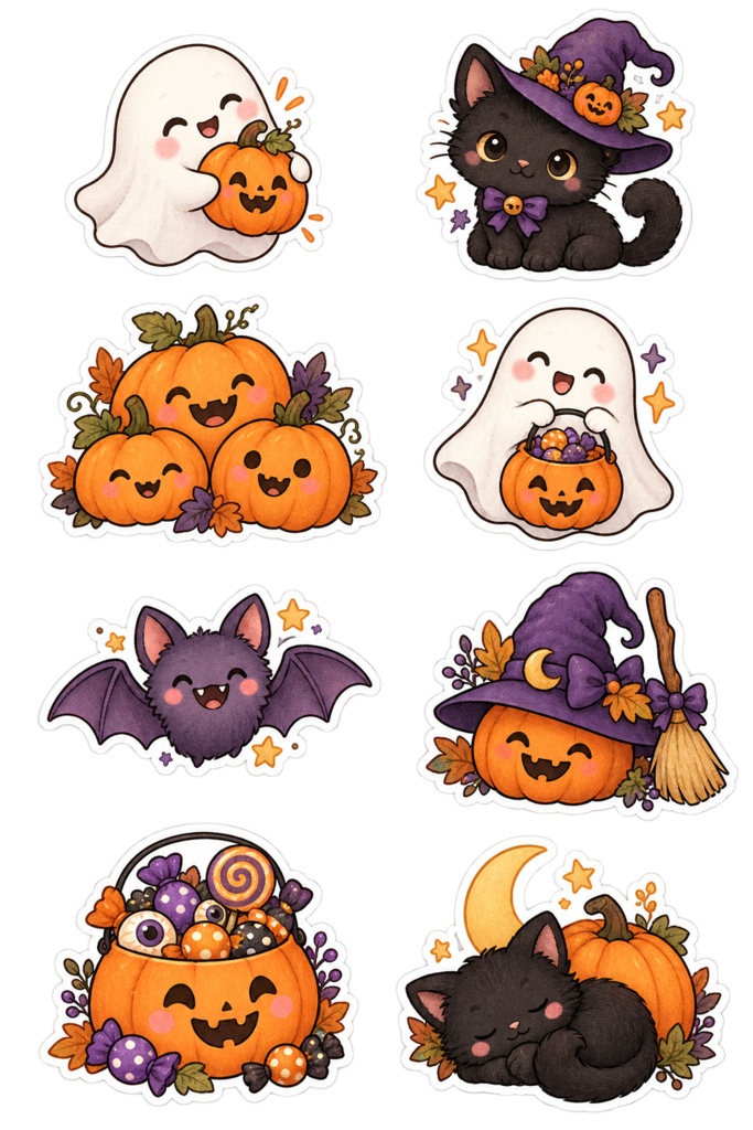 ほっこりハロウィン｜おばけと黒猫のデジタルステッカー８枚セット【背景透過PNG】