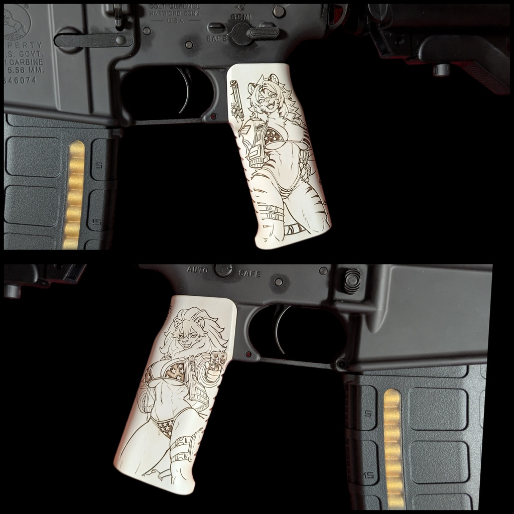 ガスブロ AR15 M4/M16 アイボリー調塗装Furryグリップ ver.Tiger&Lion