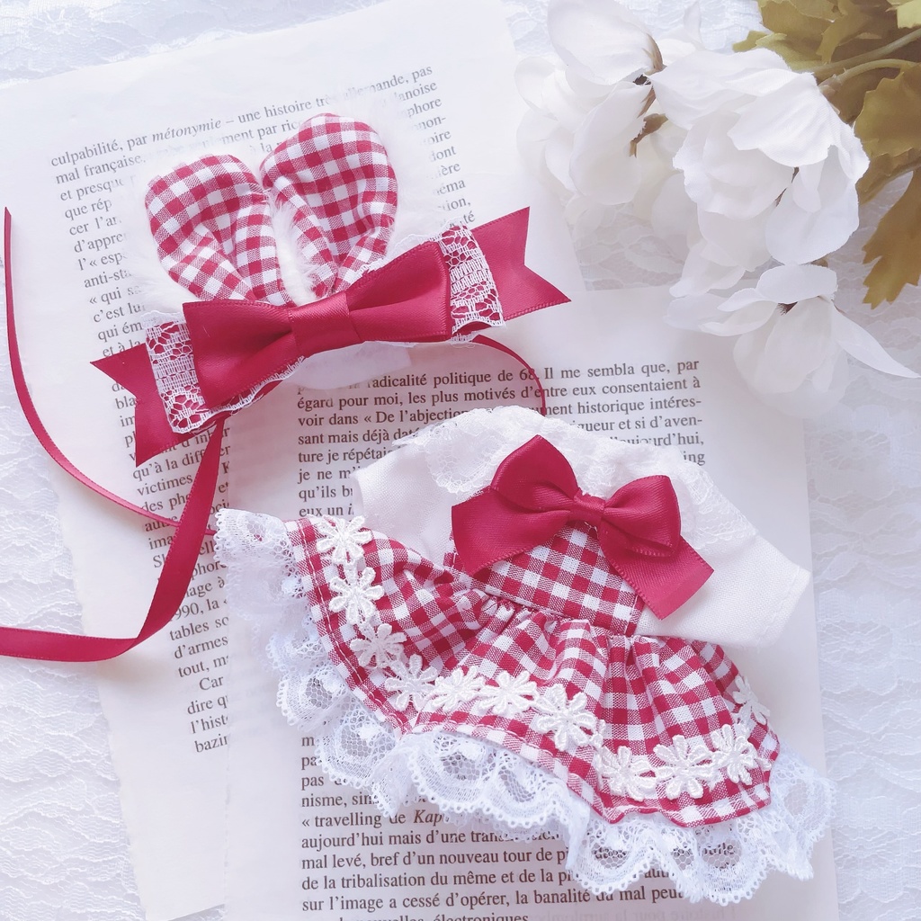 ギンガムチェックのうさ耳セット 赤