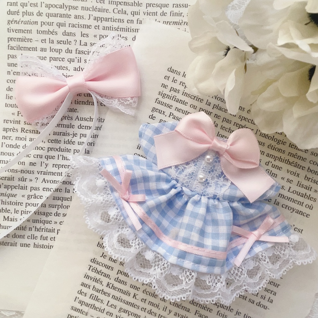 10～12cm 水色ギンガムチェック×ピンクのリボンのワンピース