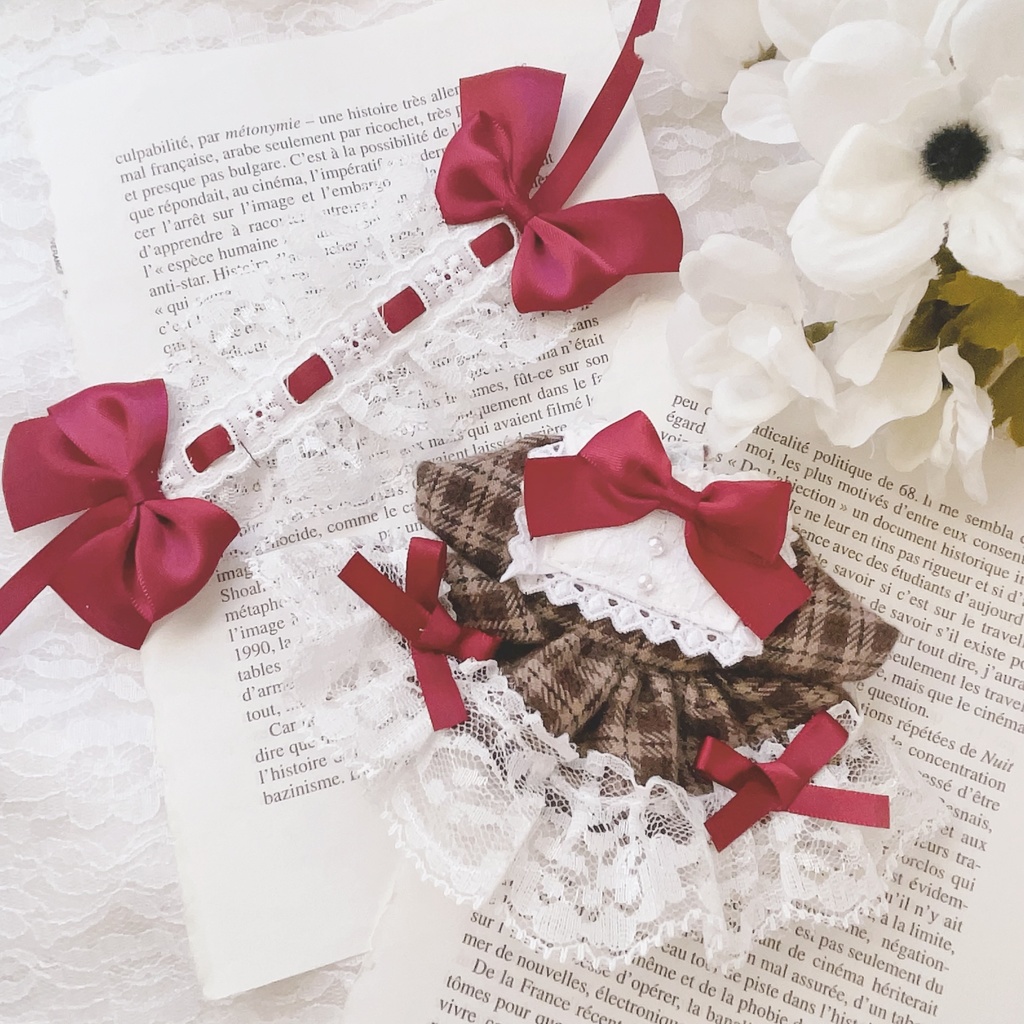 16cm 茶色いチェック×ボルドーリボンのワンピース