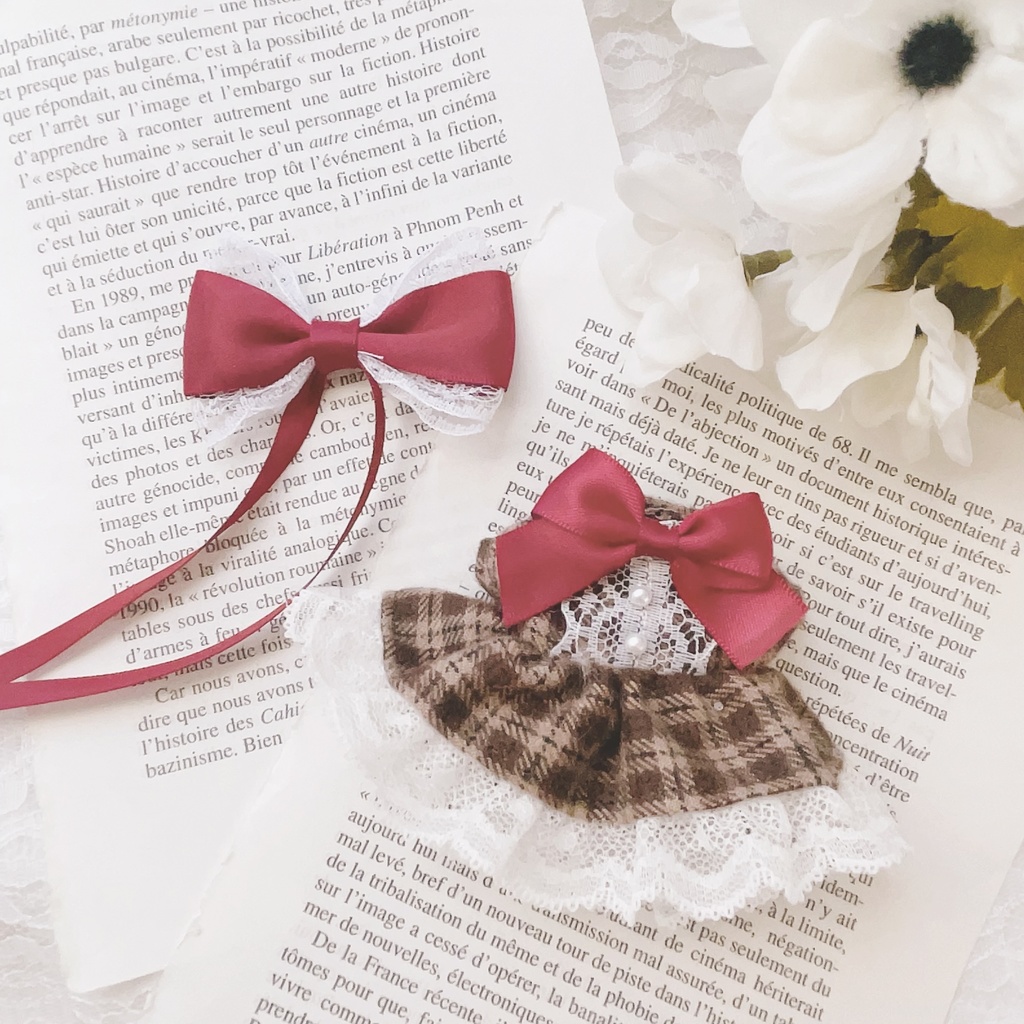 10～12cm 茶色チェック×ボルドーリボンのワンピース