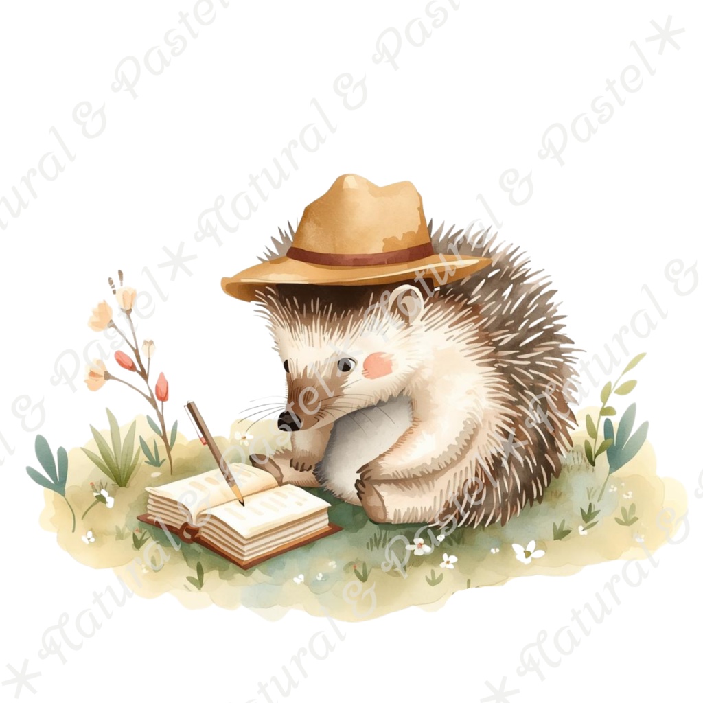 【🐇 森のうさぎと🦔ハリネズミ / 北欧風ガーデン】水彩クリップアート * 25点セット(PNG背景透過)
