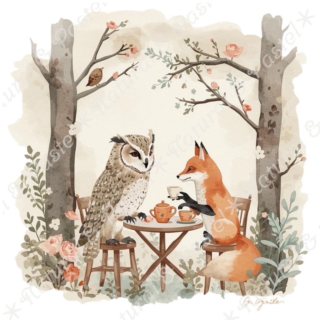 【🦉 森のフクロウと🦊キツネ / 北欧の森】水彩クリップアート * 25点セット(PNG背景透過)