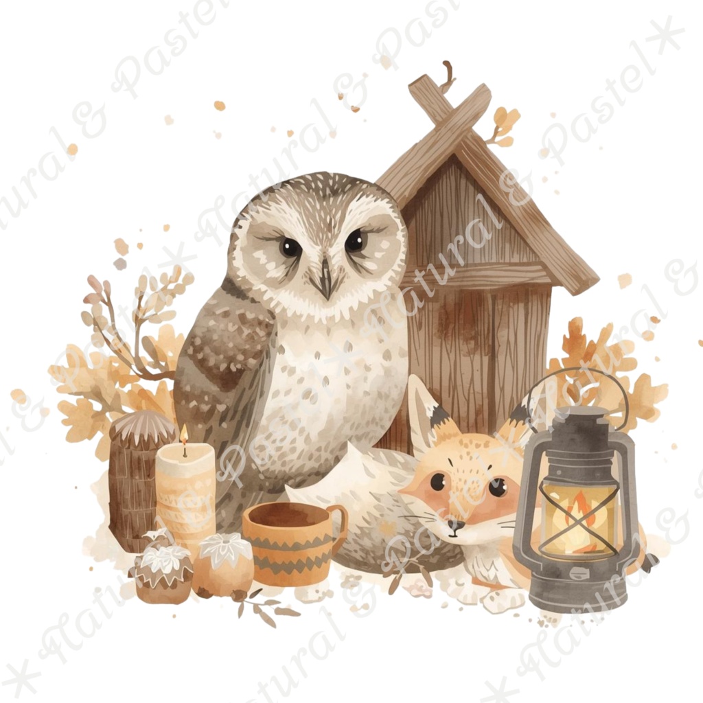 【🦉 森のフクロウと🦊キツネ / 北欧の森】水彩クリップアート * 25点セット(PNG背景透過)