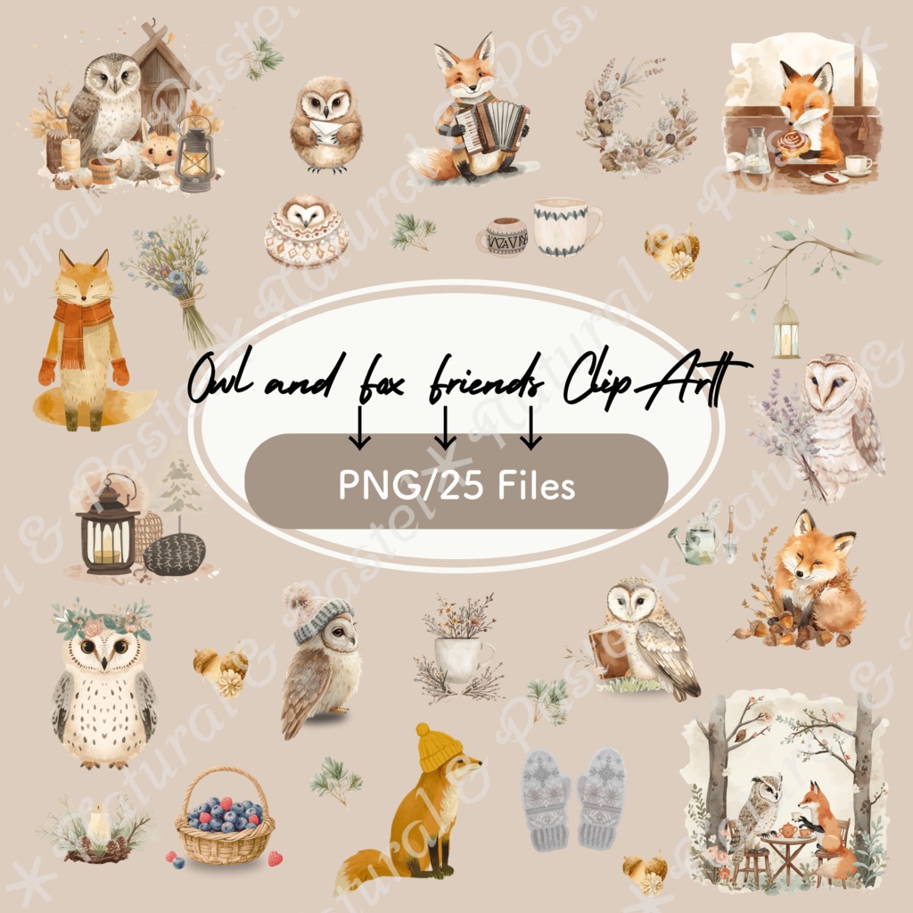 【🦉 森のフクロウと🦊キツネ / 北欧の森】水彩クリップアート ＊ 25点セット（PNG背景透過）