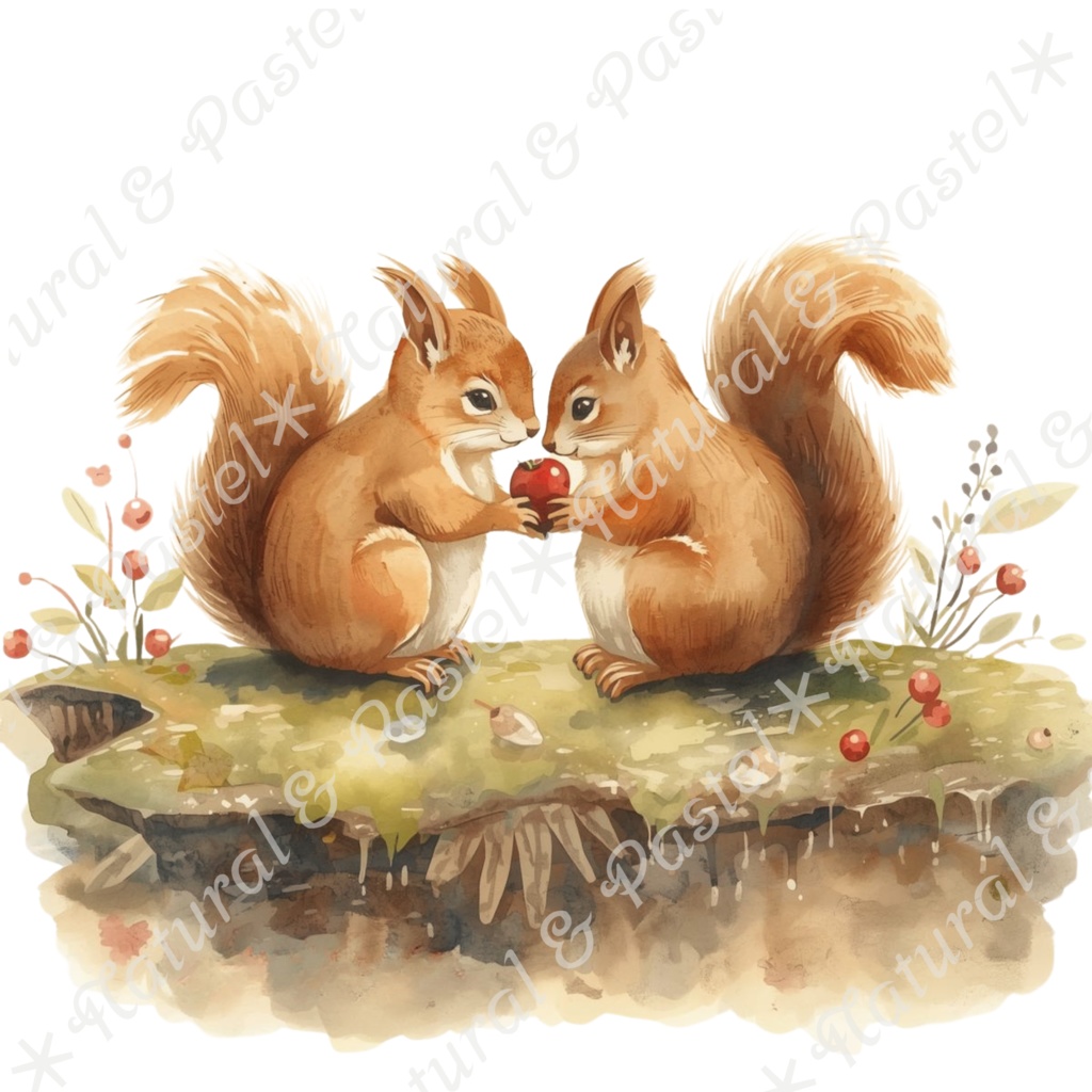 【🐿️ 森のリスと🦝アライグマ / 北欧の森】水彩クリップアート * 25点セット(PNG背景透過)
