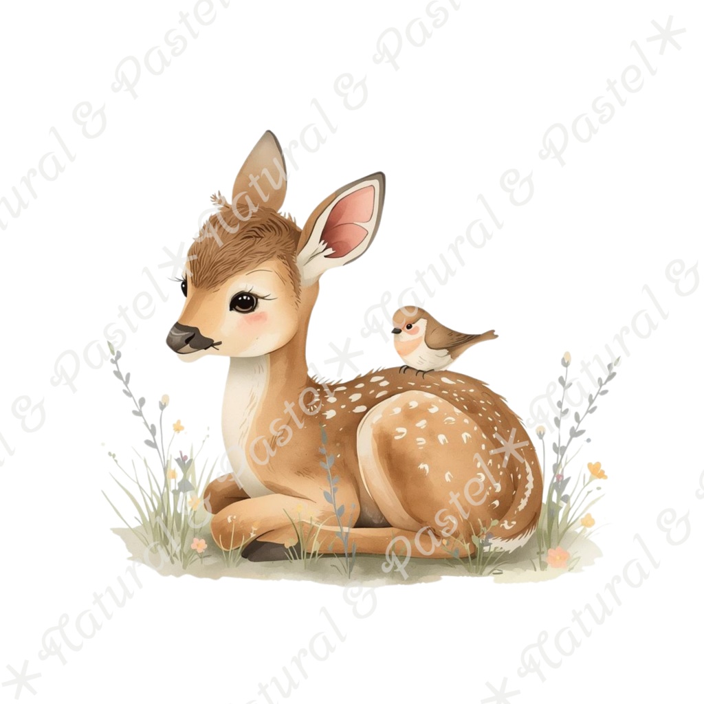 【🦌森の子鹿と🐦小鳥 / 北欧の森】水彩クリップアート * 30点セット(PNG背景透過)