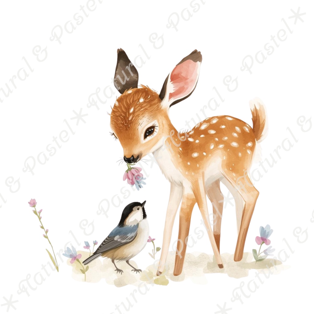【🦌森の子鹿と🐦小鳥 / 北欧の森】水彩クリップアート * 30点セット(PNG背景透過)