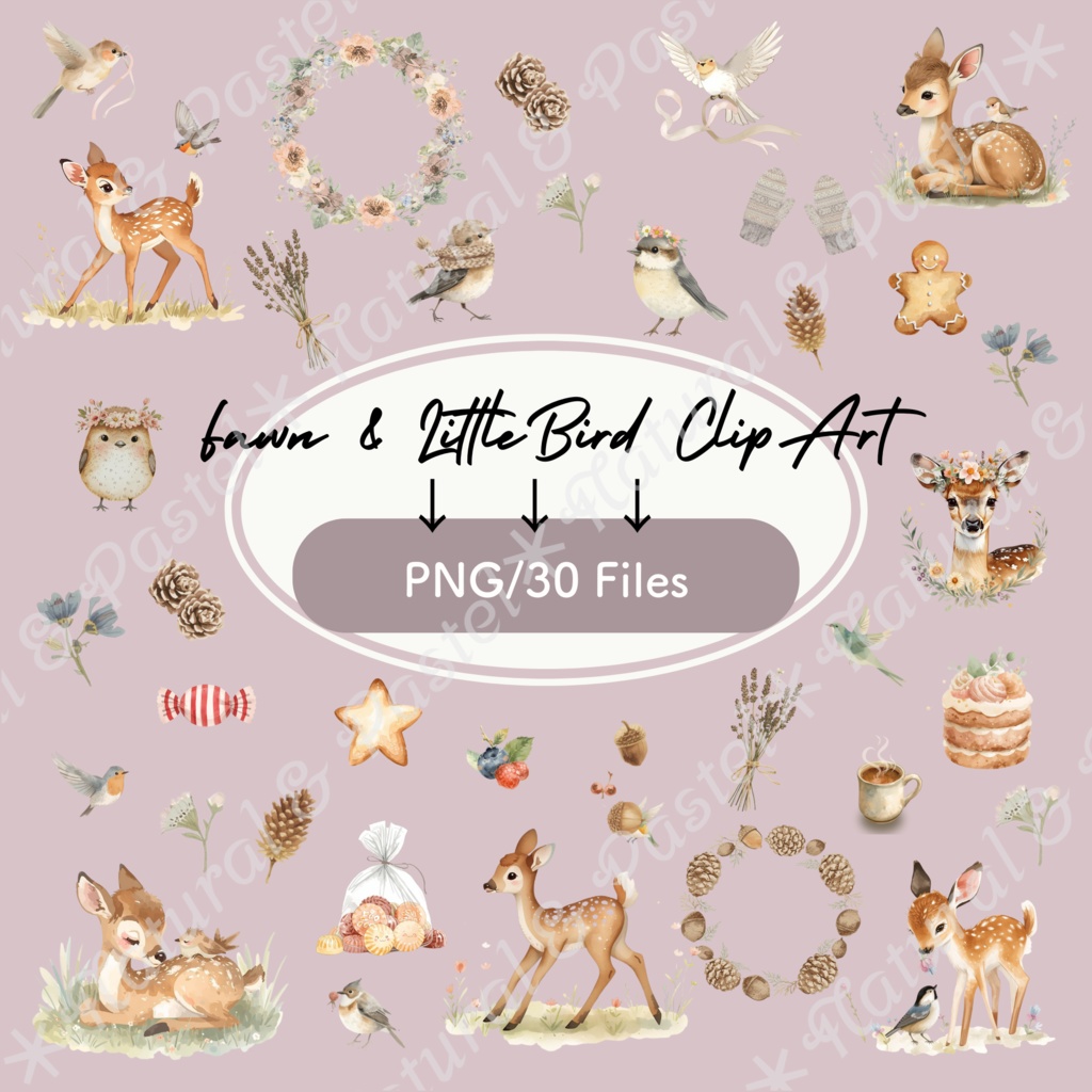 【🦌森の子鹿と🐦小鳥 / 北欧の森】水彩クリップアート ＊ 30点セット（PNG背景透過）