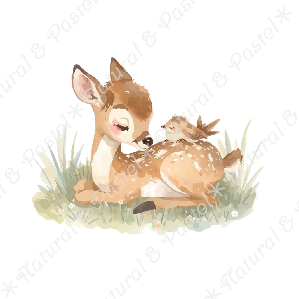 【🦌森の子鹿と🐦小鳥 / 北欧の森】水彩クリップアート * 30点セット(PNG背景透過)