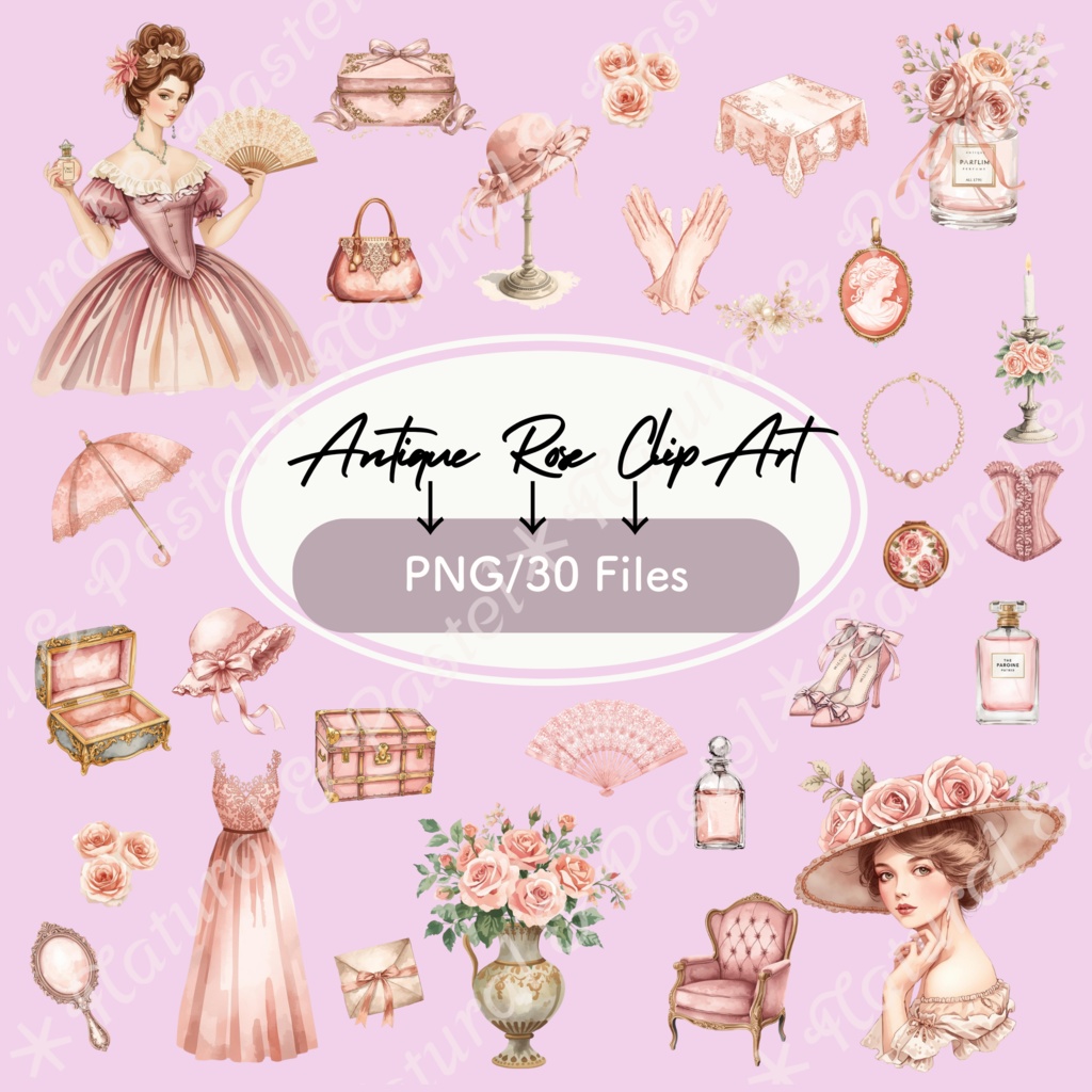 【🌹 アンティークローズとレース / クラシカルコレクション】水彩クリップアート ＊ 30点セット（PNG背景透過）