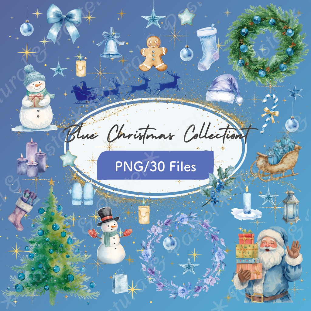 🎄【Blue Christmas Collection】青い冬のクリスマス * 水彩クリップアート 30点セット(PNG背景透過)