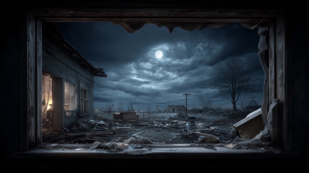 幻想的な空と雲の背景素材【高画質10枚】Vol.91〈住宅廃墟編/夜間〉