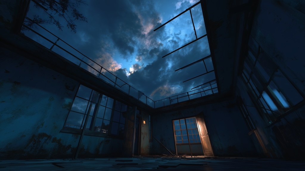 幻想的な空と雲の背景素材【高画質10枚】Vol.96〈住宅廃墟編/夜間〉