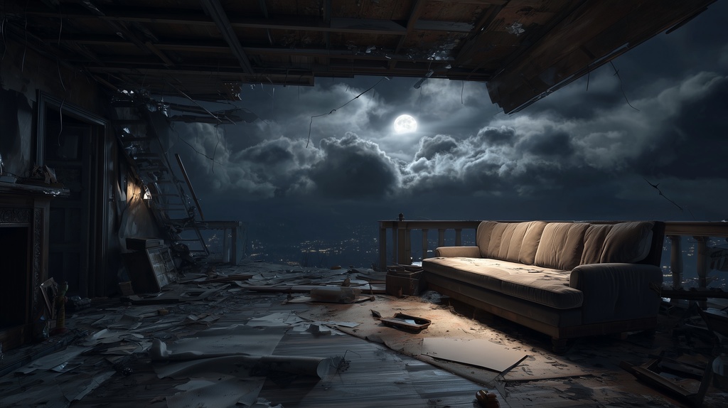 幻想的な空と雲の背景素材【高画質10枚】Vol.97〈住宅廃墟編/夜間〉