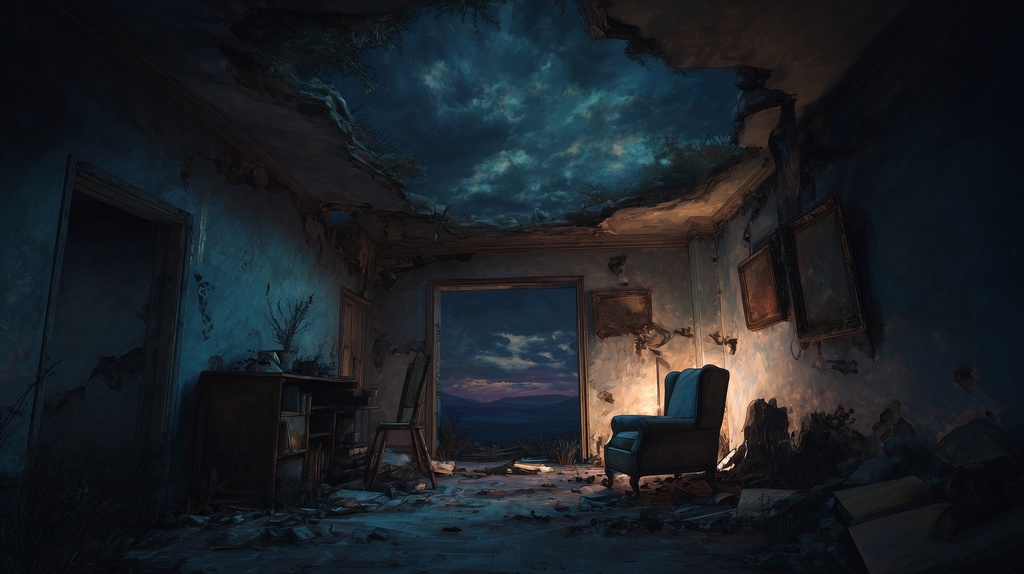 幻想的な空と雲の背景素材【高画質10枚】Vol.98〈住宅廃墟編/夜間〉