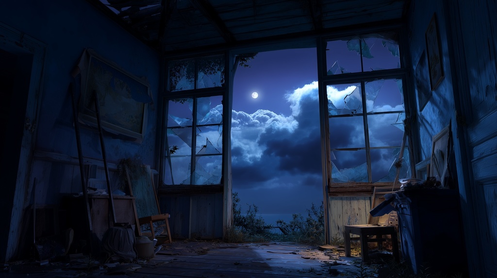 幻想的な空と雲の背景素材【高画質10枚】Vol.100〈住宅廃墟編/夜間〉