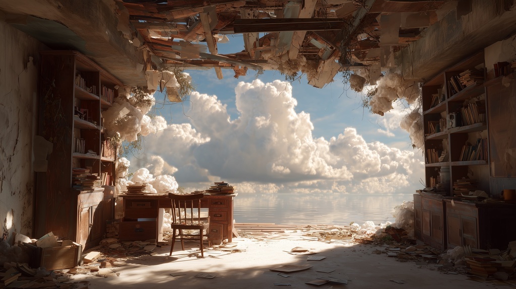 幻想的な空と雲の背景素材【高画質10枚】Vol.121〈住宅廃墟・日中編〉