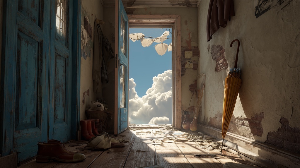 幻想的な空と雲の背景素材【高画質10枚】Vol.121〈住宅廃墟・日中編〉