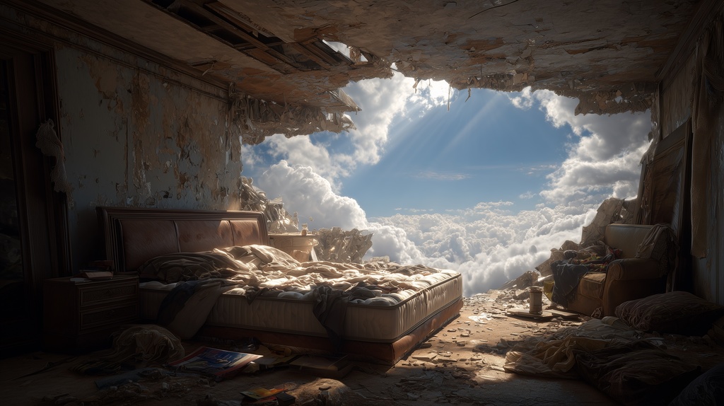 幻想的な空と雲の背景素材【高画質10枚】Vol.122〈住宅廃墟・日中編〉